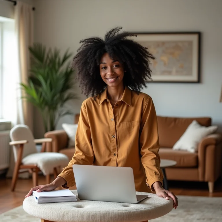 Mulher negra transformando espaço com móveis adaptáveis.