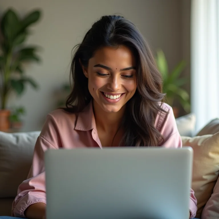 Mulher parda sorrindo enquanto usa simulador de crédito educativo.