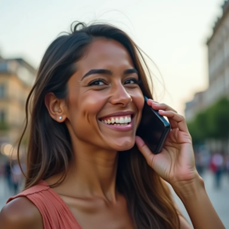 Mulher parda/latina falando ao celular durante uma viagem.