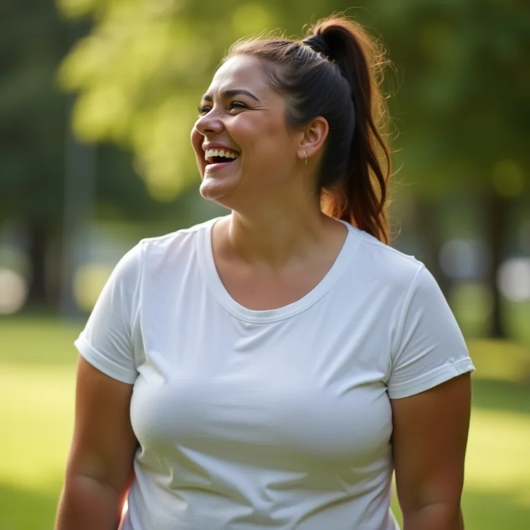Mulher plus size com t-shirt e nó nas costas