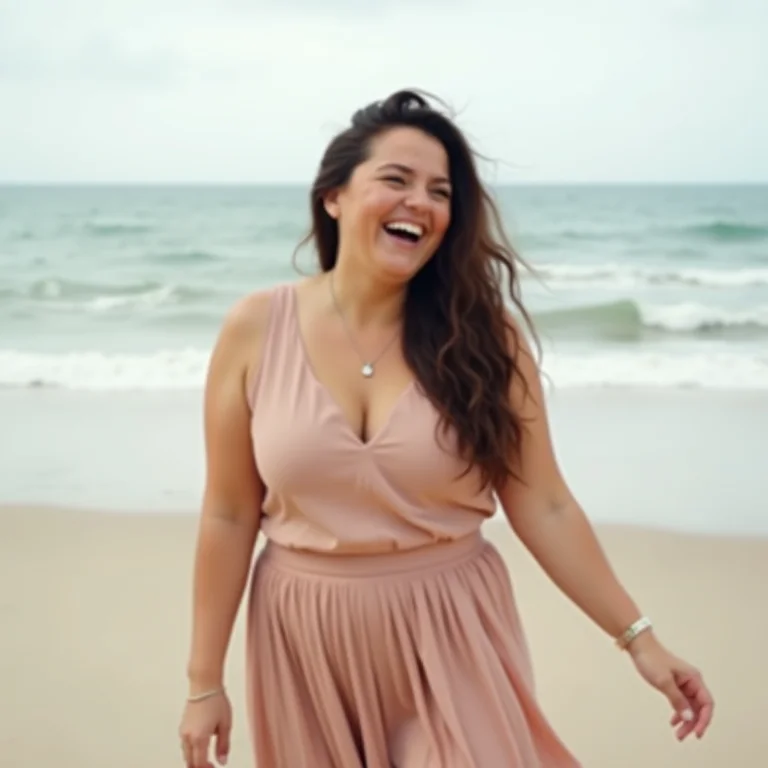 Mulher plus size de saia e blusa na praia.