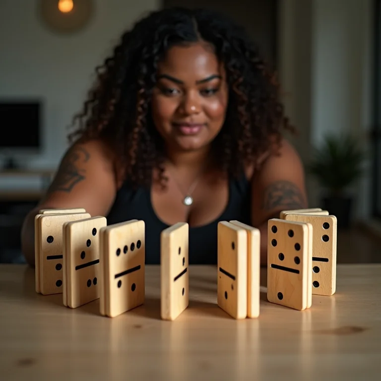 Mulher plus-size demonstrando a estabilidade dos loops temporais através de um círculo de dominós.