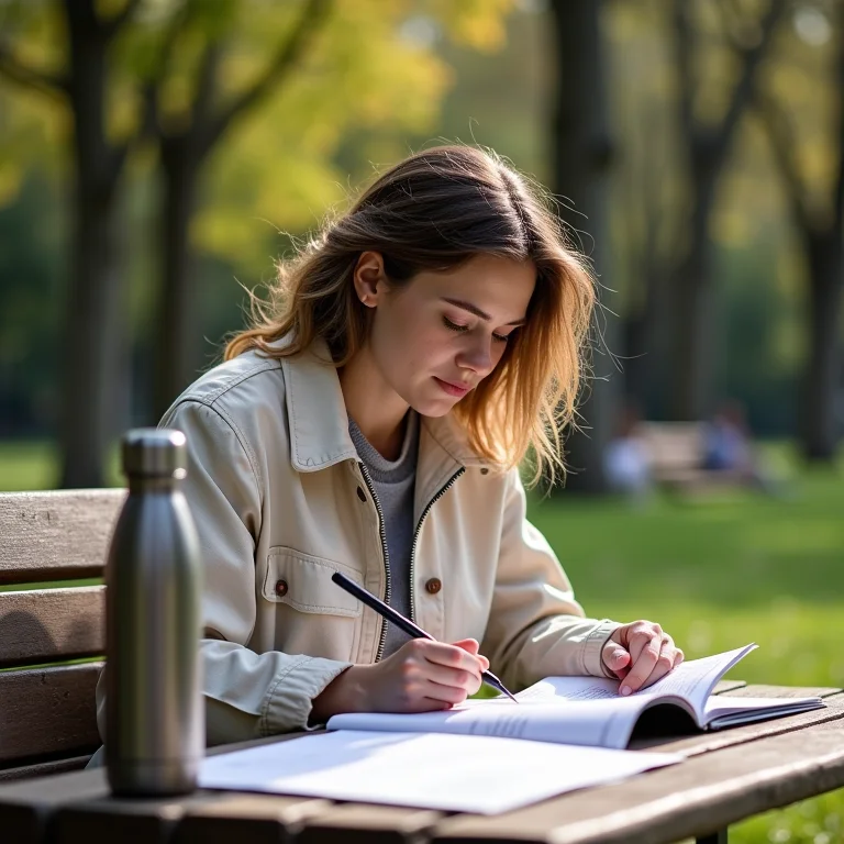 Mulher plus size desenhando em parque com folhetos de museu