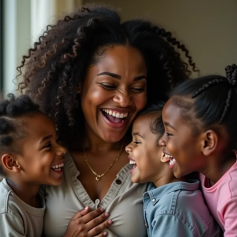 Mulher plus size interagindo alegremente com três crianças, representando diferentes responsáveis na multiparentalidade