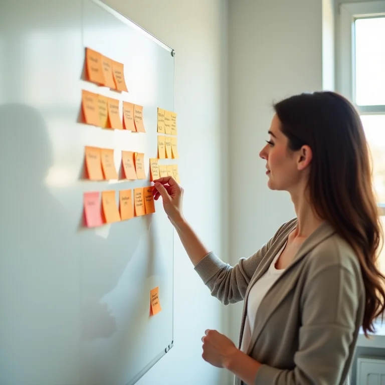 Mulher plus size organizando informações em um quadro branco.