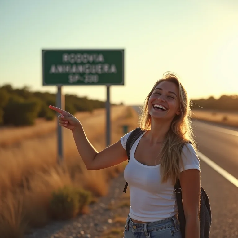 Mulher plus size rindo em frente à placa da Rodovia Anhanguera