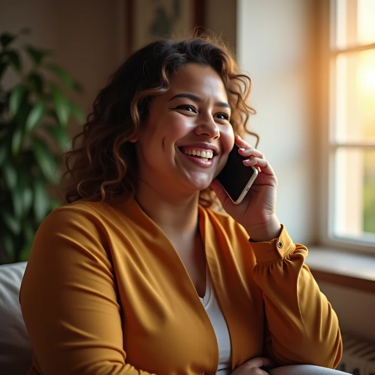 Mulher plus size sorrindo ao telefone.