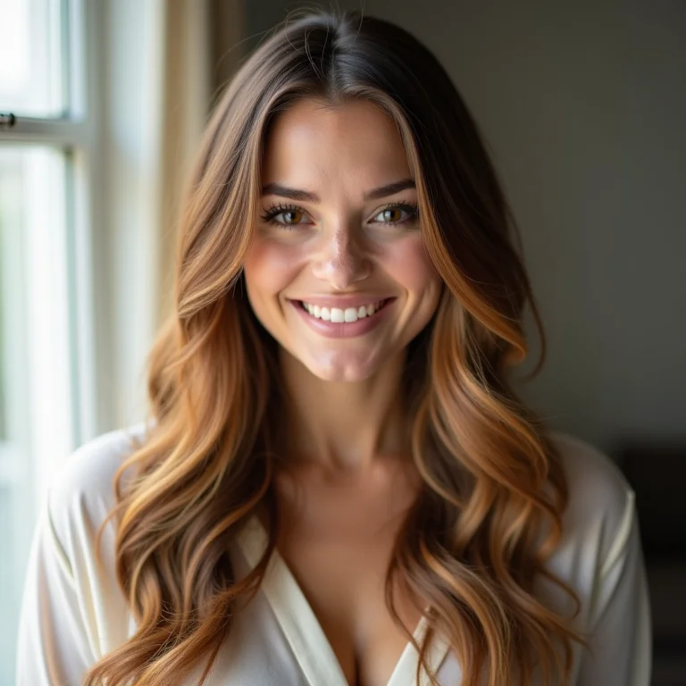 Mulher plus size sorrindo, mostrando diferentes tons de cabelo que valorizam sua pele, seguindo sua coloração pessoal.