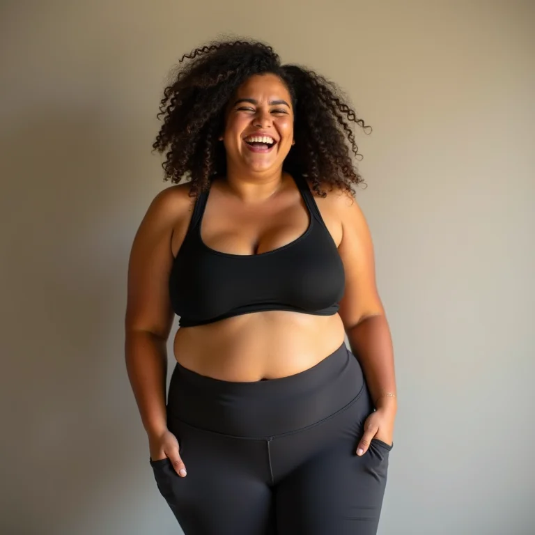 Mulher plus size usando calças de ginástica confortáveis.