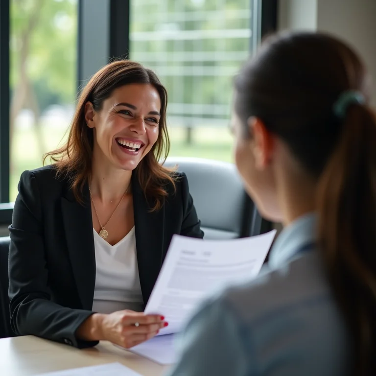 Mulher sorrindo com advogado ao revisar documentos
