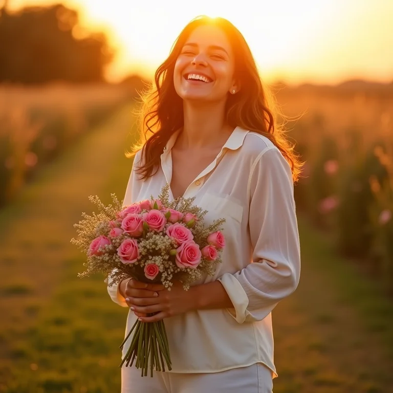 Mulher sorrindo e segurando um buquê de flores em um jardim.