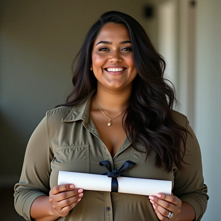 Mulher sorrindo segurando um diploma