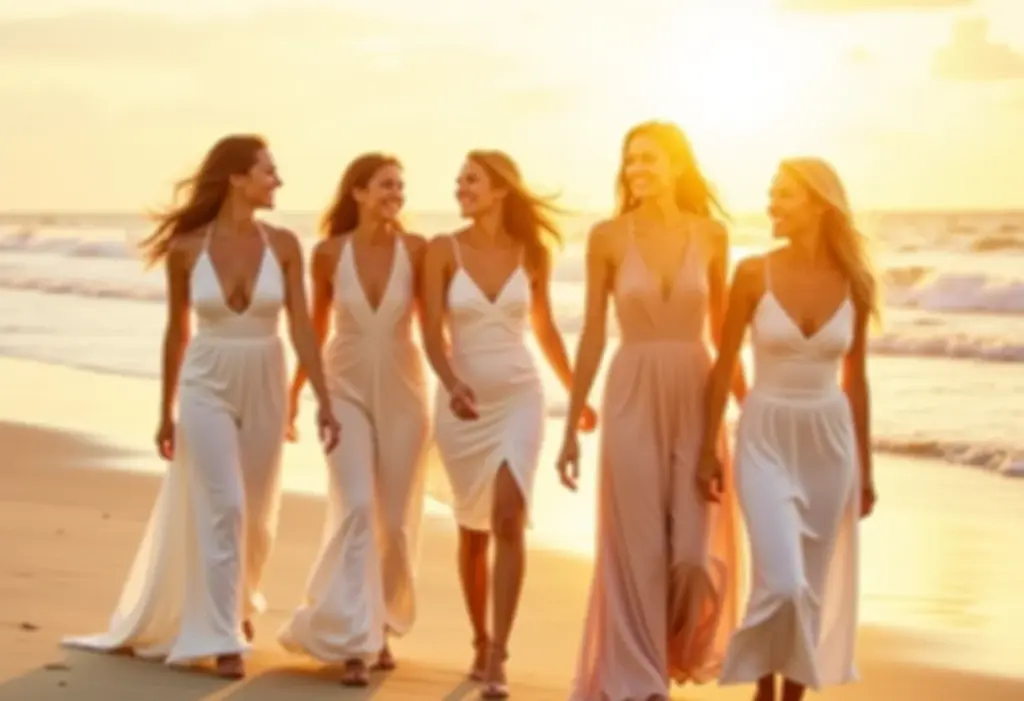 Casamento na Praia: O guia definitivo do que vestir (e o que evitar) Mulheres diversas celebrando em um casamento na praia.