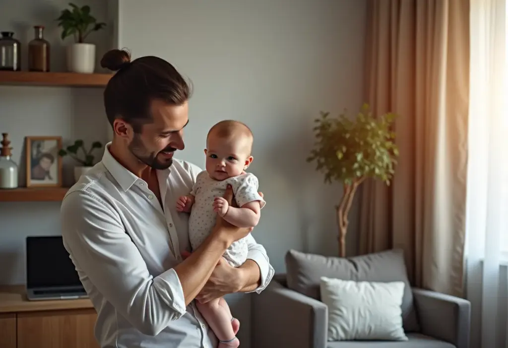 Pai de primeira viagem estiloso com bebê em apartamento moderno.