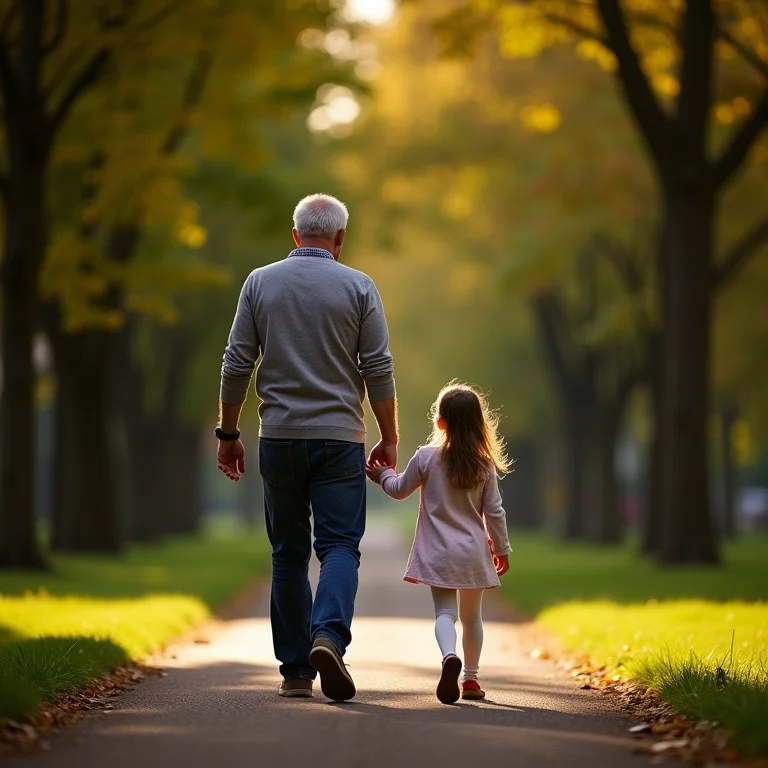 Pai e filha caminhando em um parque