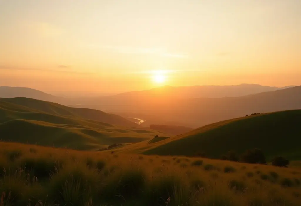 As fotos mais bonitas do mundo: um tour visual inesquecível Paisagem deslumbrante com colinas douradas ao pôr do sol