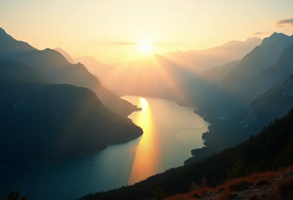 Paisagem deslumbrante com montanhas e lago em luz dourada
