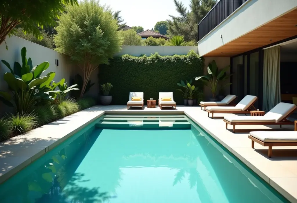 Piscina pequena e moderna em casa com paisagismo exuberante