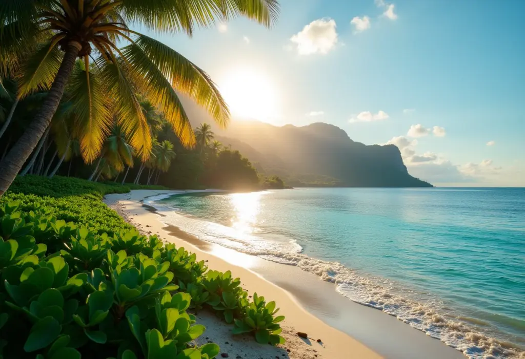As ilhas mais lindas do mundo: um paraíso (quase) secreto Praia paradisíaca com vegetação exuberante e água azul turquesa ao pôr do sol