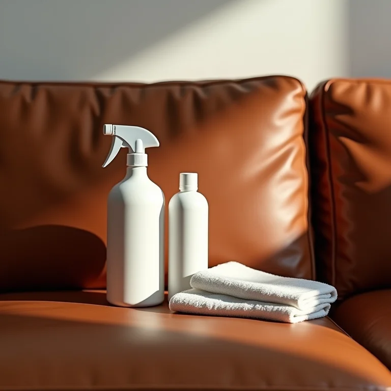 Produtos de limpeza ao lado de um sofá de couro