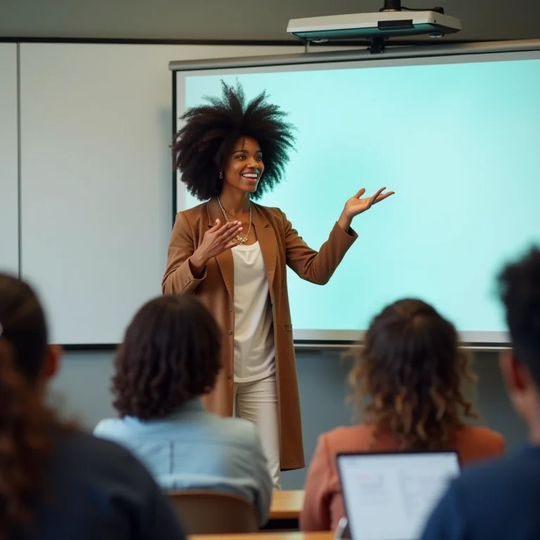 Professora negra usando tecnologia em sala de aula.
