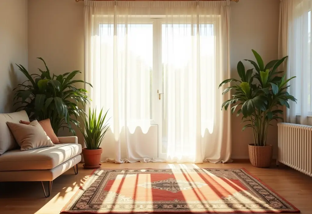 Sala de estar ensolarada com decoração minimalista e luz natural