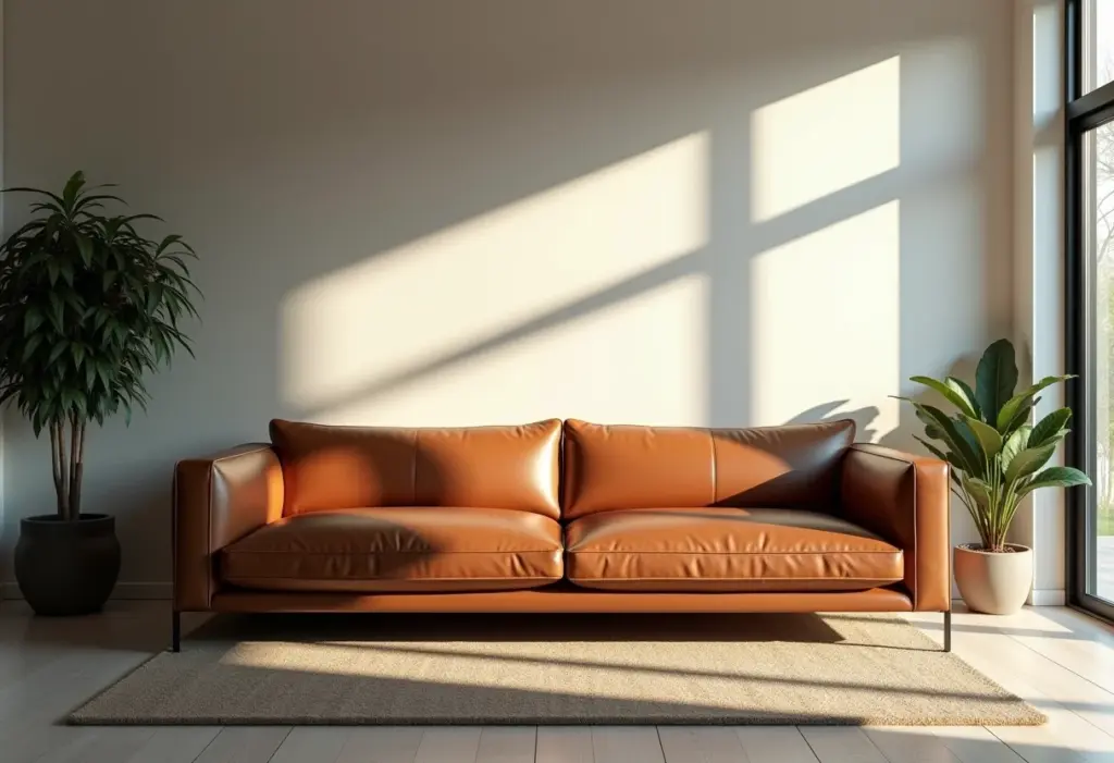Sala de estar luxuosa com sofá de couro marrom