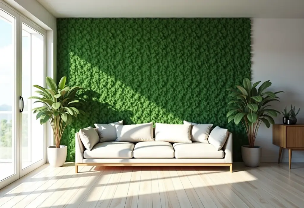 Sala de estar moderna com parede verde exuberante
