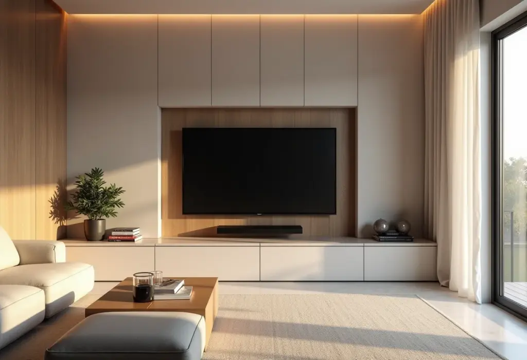 Sala pequena com painel de TV otimizado