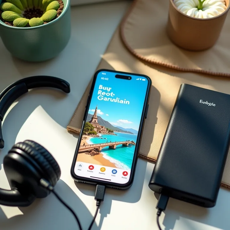 Smartphone mostrando app de viagem, power bank e fones de ouvido