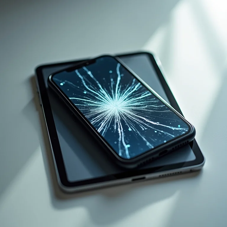 Tablet intacto e celular com tela rachada