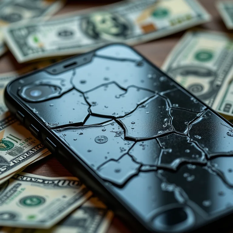Tela de smartphone quebrada com avisos de isenção de responsabilidade.
