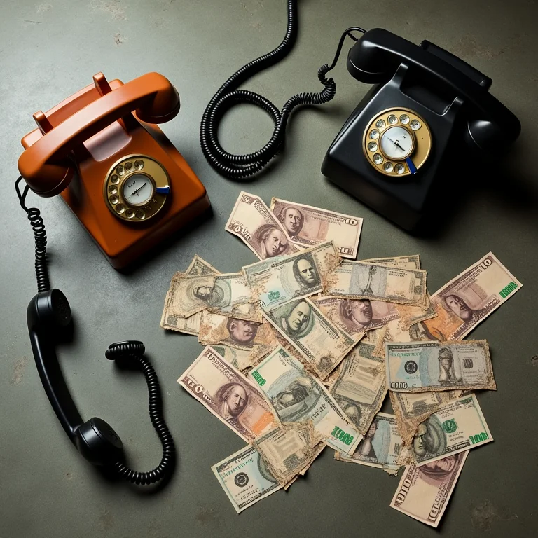 Telefones antigos, cabos desconectados e moedas estrangeiras.