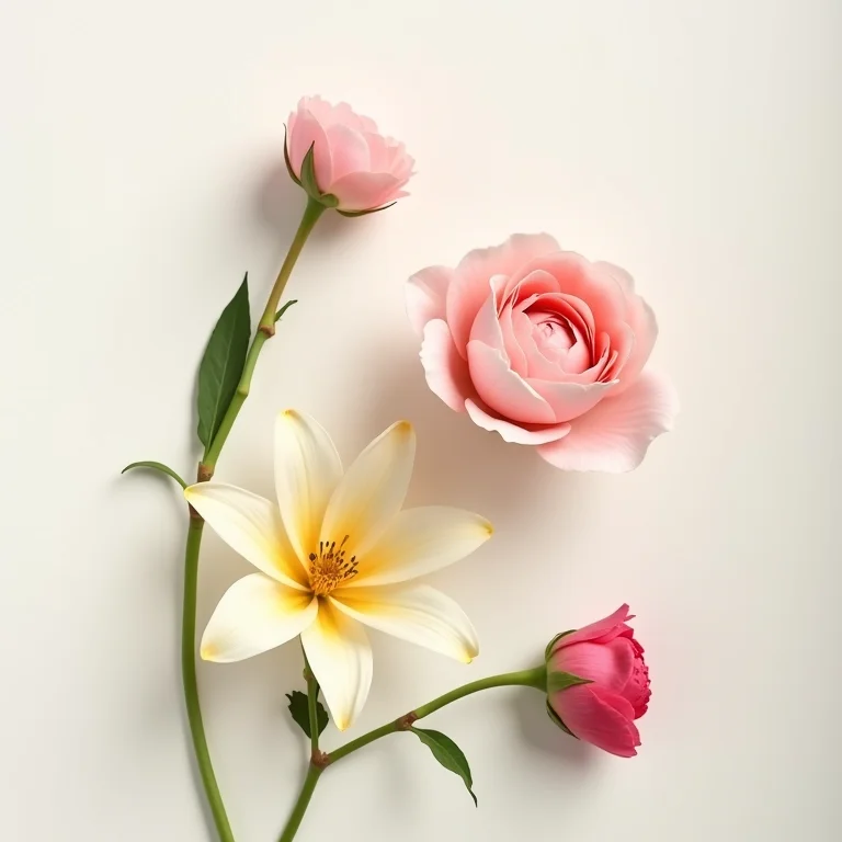 Variedade de flores usadas em perfumes florais: rosa, peônia e lírio.