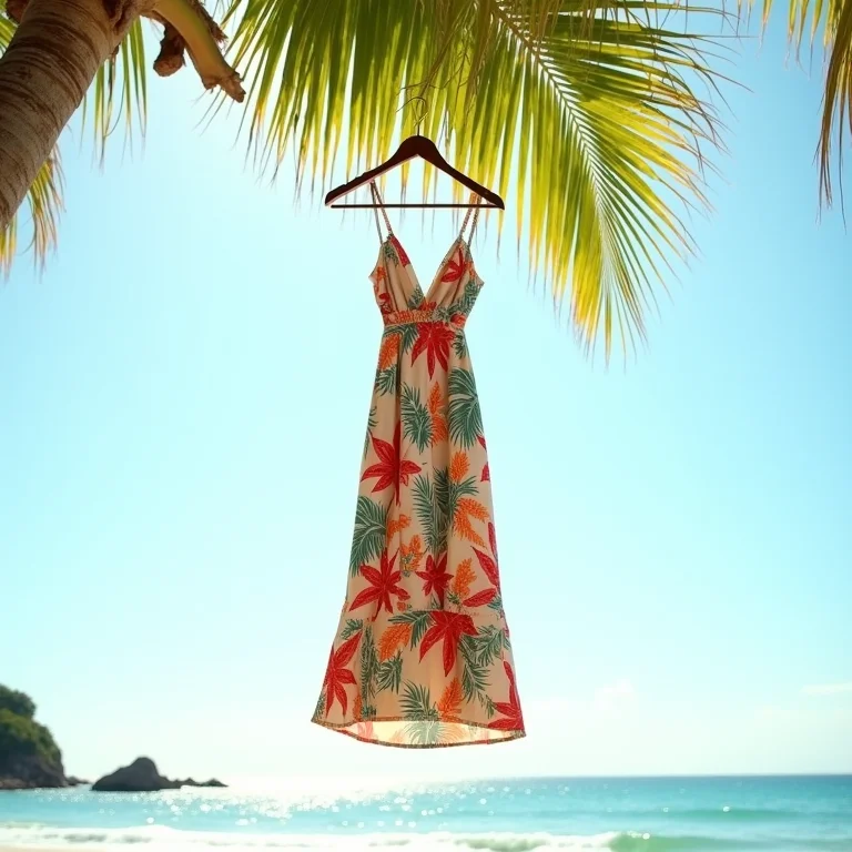 Vestido com estampa tropical pendurado em uma palmeira na praia