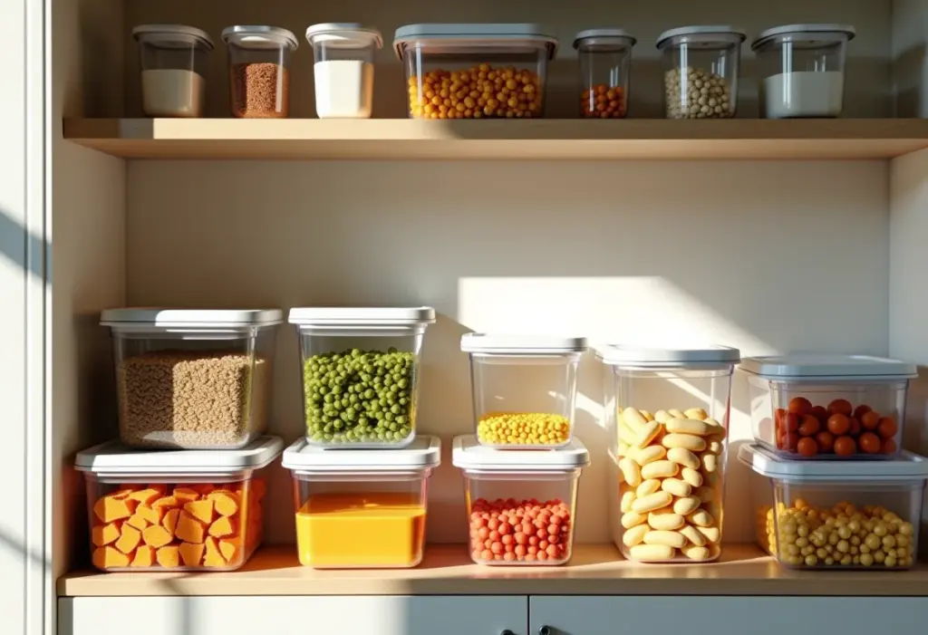 Despensa organizada: 7 truques que vão te fazer economizar Visão geral de uma despensa organizada com diversos alimentos.