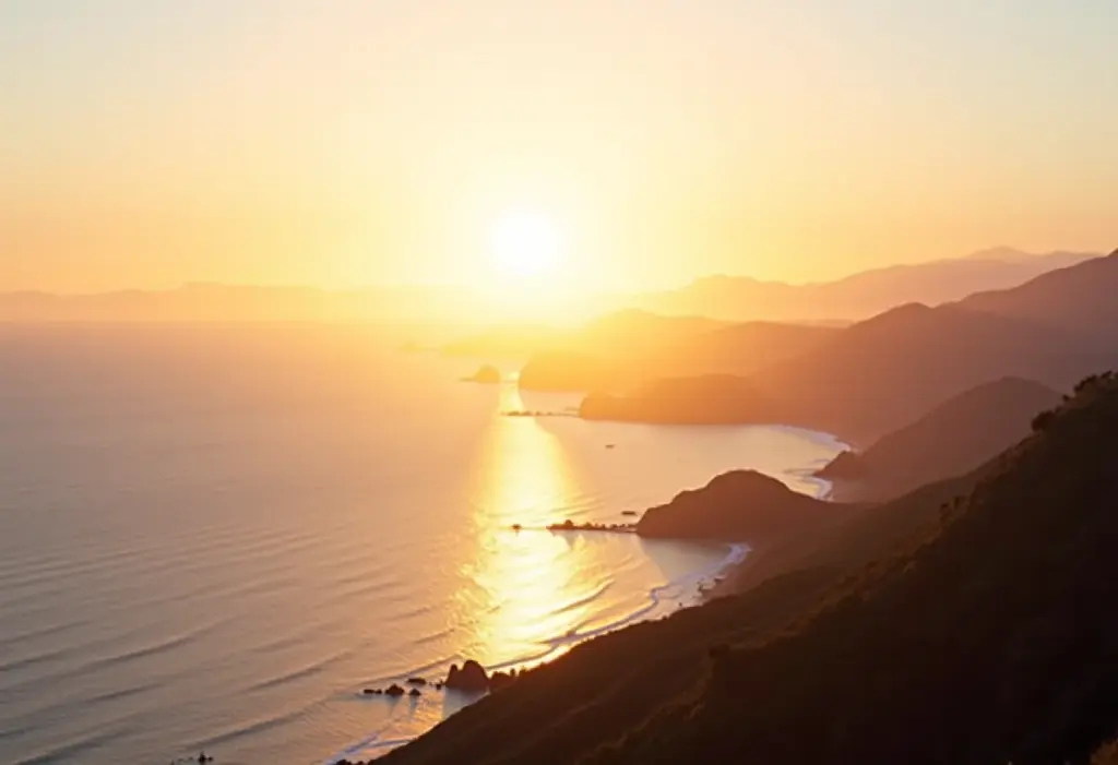 Vista panorâmica da costa do Espírito Santo ao pôr do sol