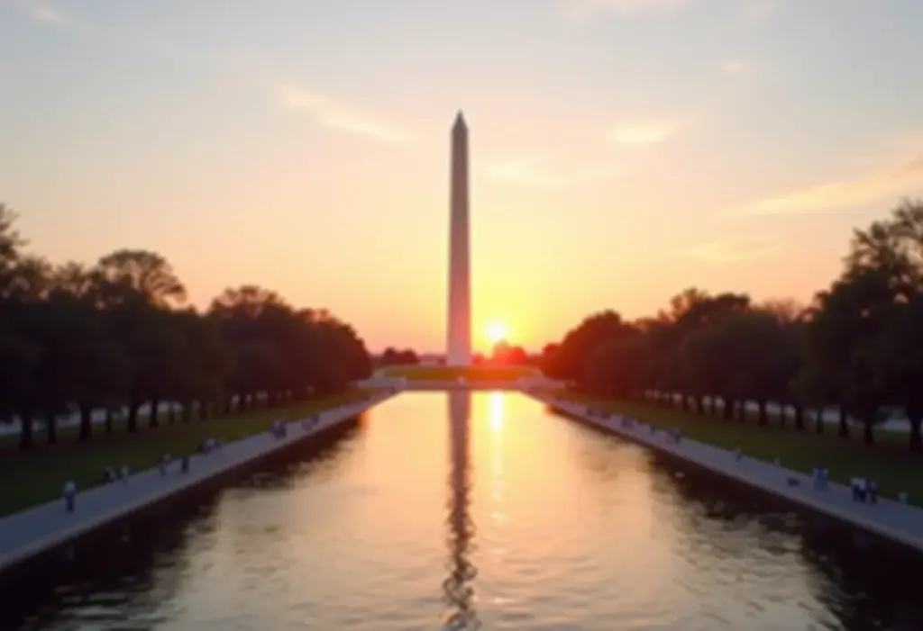 Vista panorâmica dos monumentos de Washington D.C. ao pôr do sol
