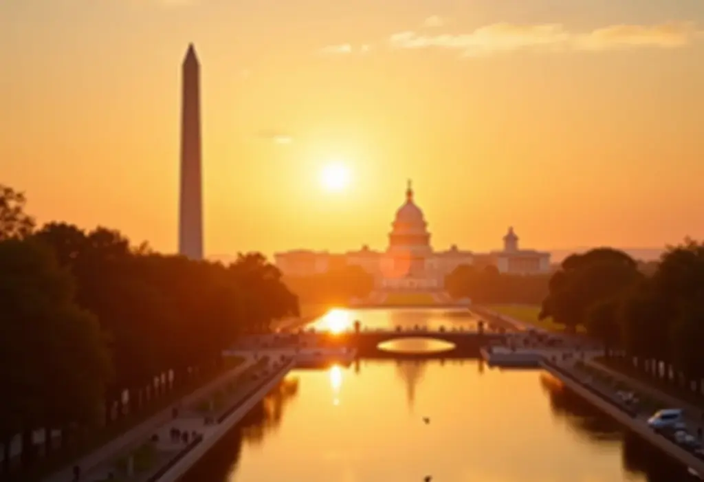 Turismo em Washington: roteiro imperdível para brasileiros Vista panorâmica dos principais monumentos de Washington D.C. ao pôr do sol