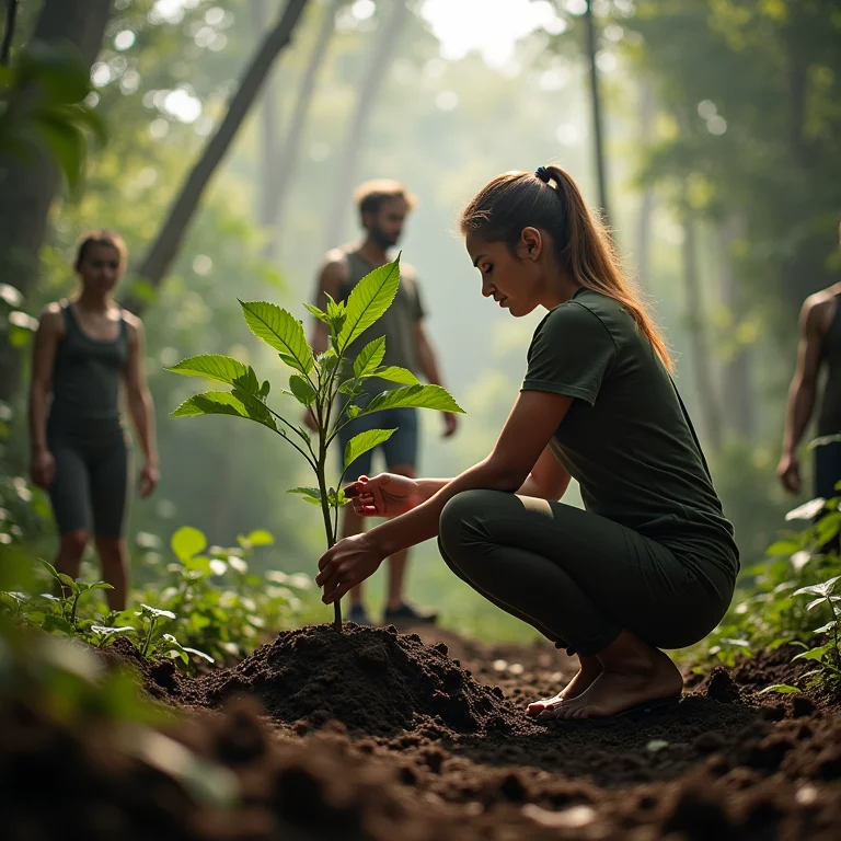 Voluntária plantando muda na Amazônia