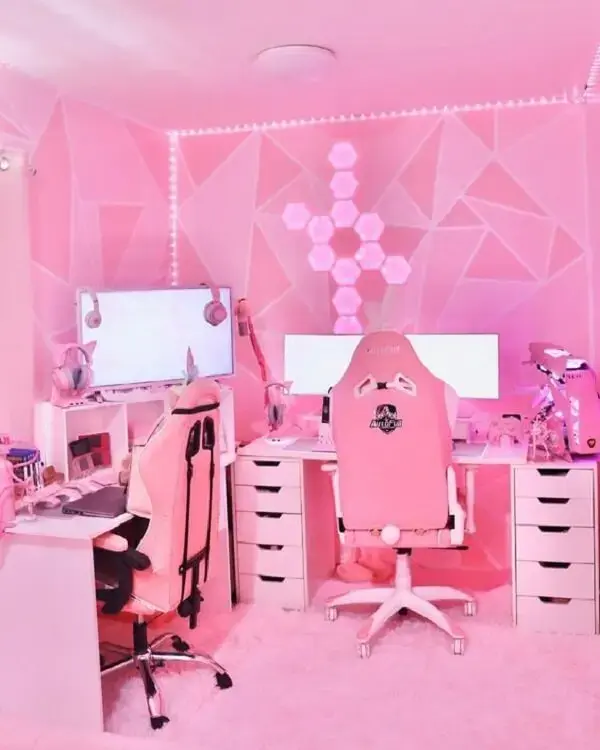 quarto gamer branco e rosa
