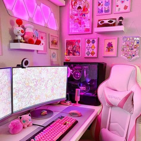 quarto gamer branco e rosa