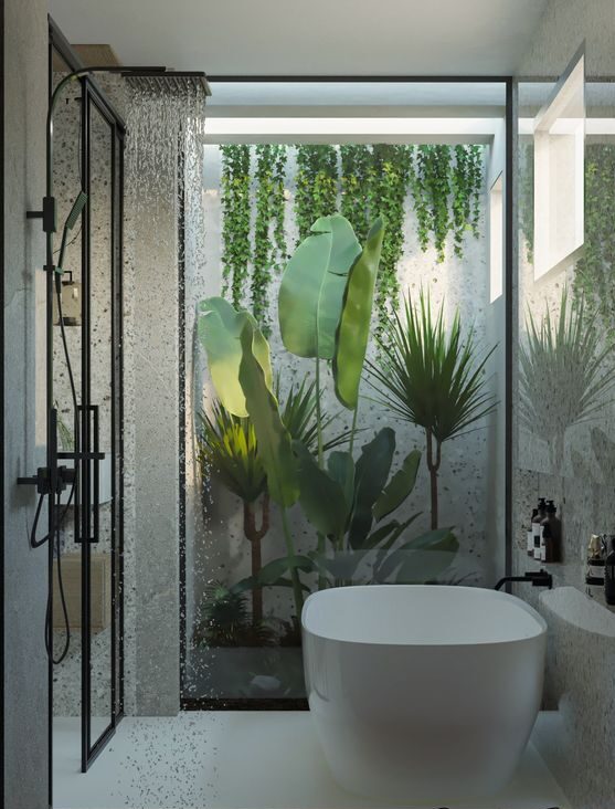 ideias de banheiro com jardim de inverno