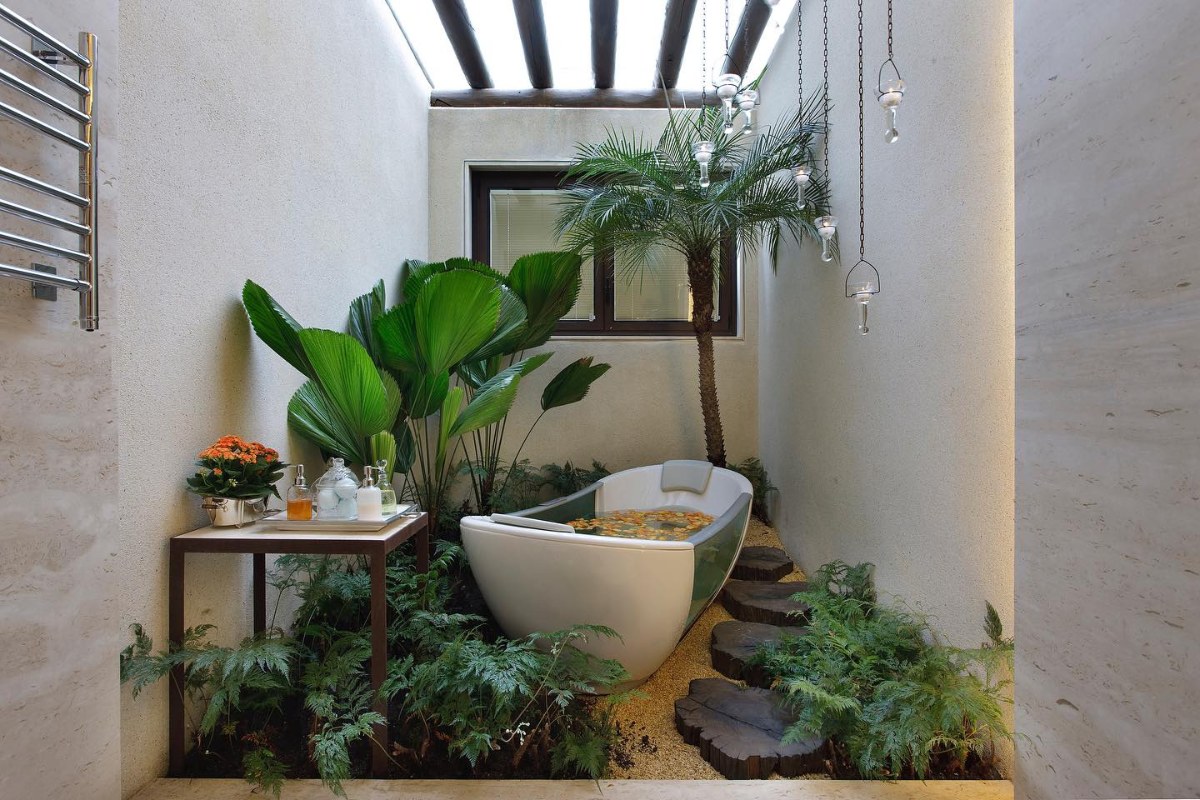 ideias de banheiro com jardim de inverno