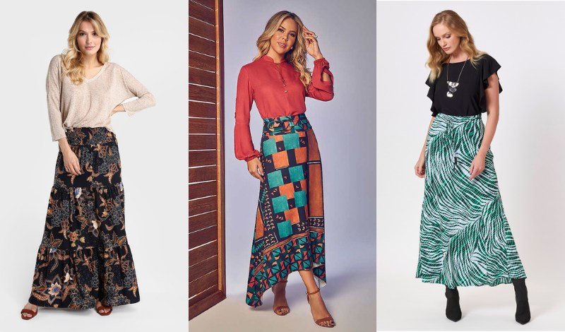 looks saia longa estampada verão 2026